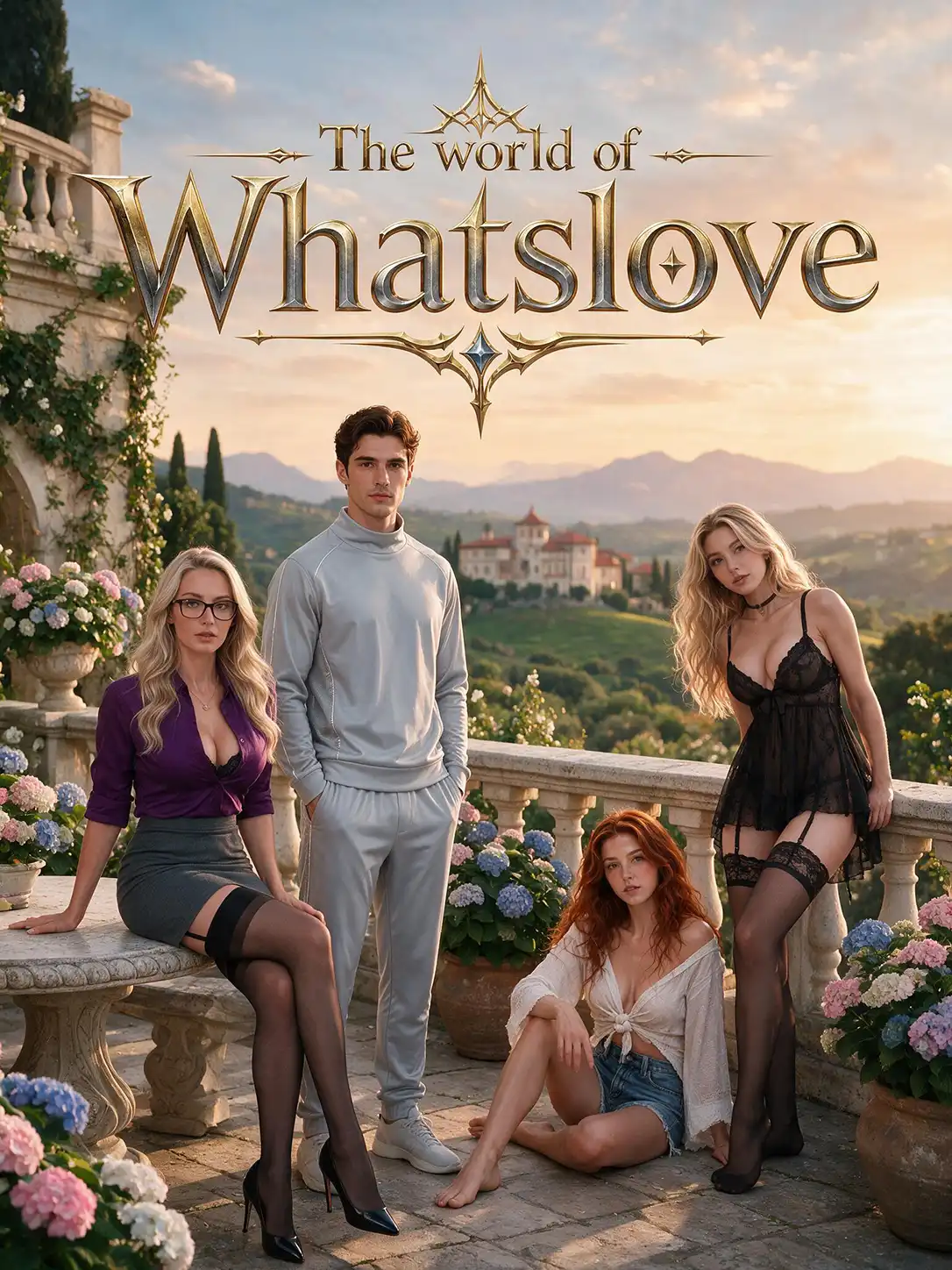 {name} interactive AI story series cover art, WhatsLove AI